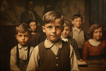 Fototapeta premium Vintage photo of group of children in the classroom.