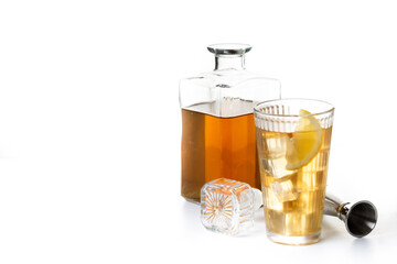 Highball, Whiskey with soda and lemon beverage isolated on white background. Copy space