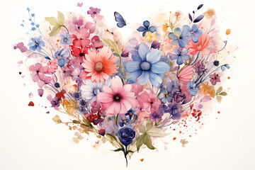 Artistic heart-shaped bouquet with vibrant watercolor flowers and butterflies