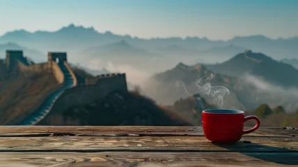 Plaid mouton avec photo Mur chinois great wall of china It is a testament to human ingenuity and resilience. A landscape that stretches endlessly Echoing with whispers of history and adventure, the wonders of the world with a red coffee