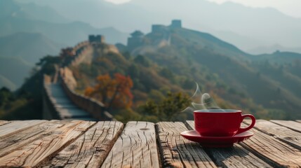 great wall of china It is a testament to human ingenuity and resilience. A landscape that stretches endlessly Echoing with whispers of history and adventure, the wonders of the world with a red coffee