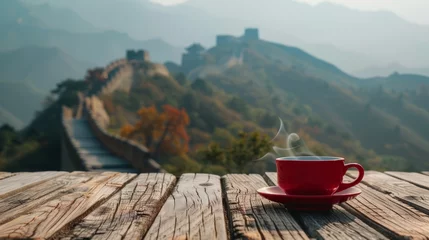 Papier Peint photo Mur chinois great wall of china It is a testament to human ingenuity and resilience. A landscape that stretches endlessly Echoing with whispers of history and adventure, the wonders of the world with a red coffee