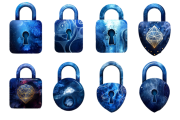 Set of blue padlock icons isolated on a transparent background. Protection and security concept