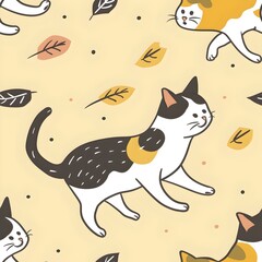 Playful Cartoon Cat Pattern Walking Amidst Fall Leaves on Yellow Background