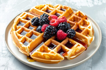 waffles in syrup and berries on a plate