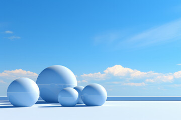Sphere on a 3D plane with white clouds and blue sky as a white background