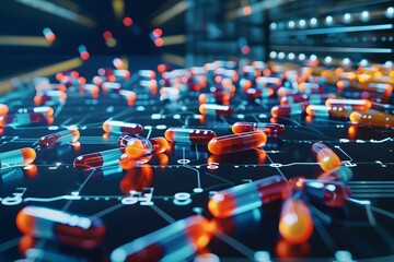 Obraz premium Data Flow in Pharmacological Innovation: Digital Grid Integrating Advanced Technology in Medicine's Healing Process