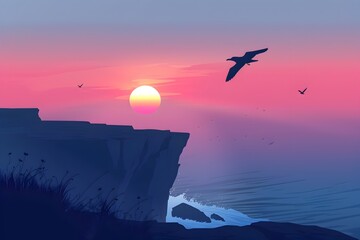 Tranquil Ocean Cliff Sunset with Soaring Seagulls in Flat Art Style
