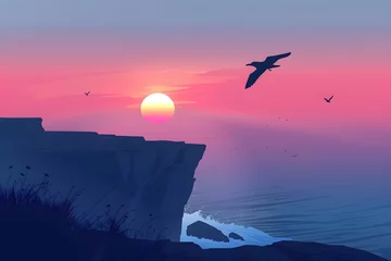 Rolgordijnen Tranquil Ocean Cliff Sunset with Soaring Seagulls in Flat Art Style © milkyway