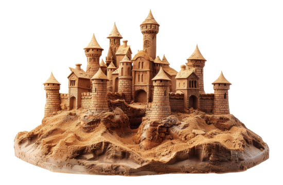 Intricate sandcastle with towers and arches, cut out - stock png.