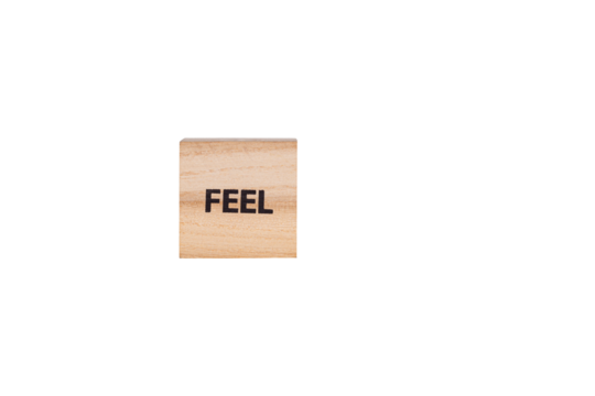wooden cubes with the inscription Feel on a white isolated background close-up