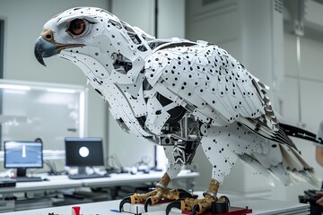 Robotic Falcon with Advanced Technology Taking Shape in Engineering Lab for Wildlife Study and Hunting - obrazy, fototapety, plakaty