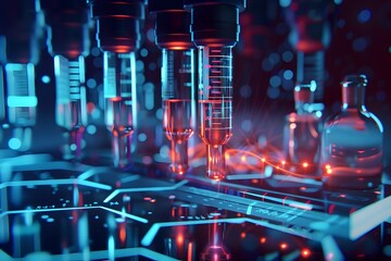 Innovative Healthcare: A Futuristic Laboratory Scene with Glowing Test Tubes Under Analysis in a High-Tech Environment - obrazy, fototapety, plakaty