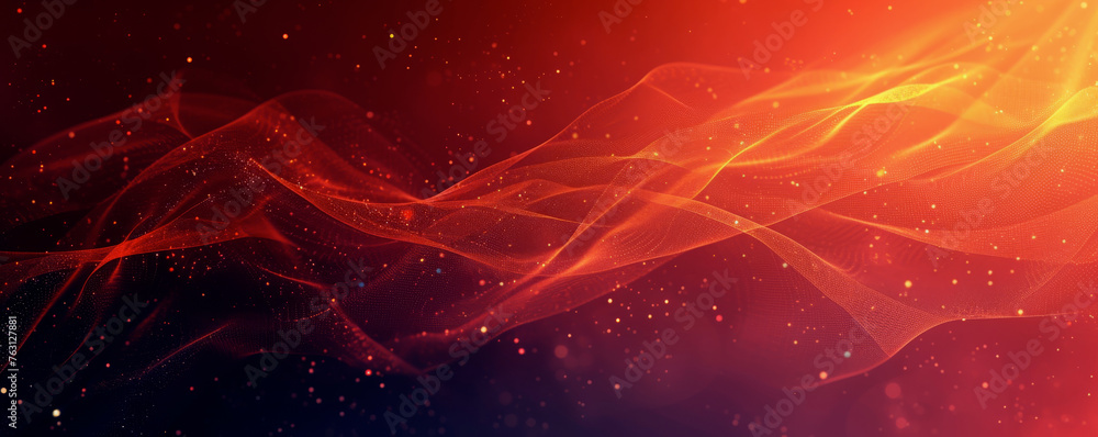 Poster abstract red and orange wavy particles flow with light effects on a dark background. dynamic movemen