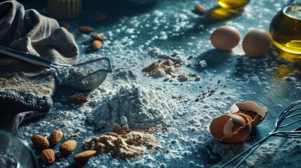 A cascade of flour in the center, with eggs, almonds, and baking utensils arranged on a kitchen table.