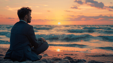 Successful Businessman Enjoying Sunset on Beach, Reflecting on Career and Future, Coastal Scene
