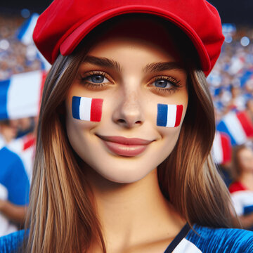French Young Female Soccer Fan with Painted National Flag Cheeks at UEFA Euro Championship