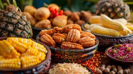 Festive celebration of Brazil's Sao Joao festival or Fiesta Junina with traditional food like corn, peanut candy, and pine kernels. Brazilian June party concept. Generative ai