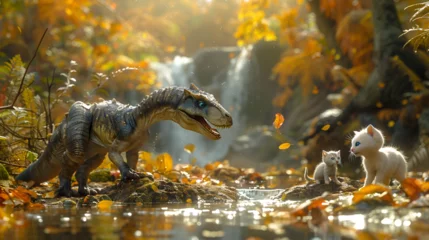 Keuken spatwand met foto Fantasy dinosaur in a prehistoric forest with cat, Baby T-Rex in the forest.   © saqib