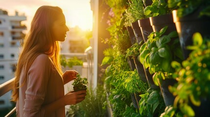 Woman tending to the plants on the balcony. Modern vertical lush herb garden planter bags hanging on city apartment balcony wall, with planter boxes pots of herbs. Generative ai - obrazy, fototapety, plakaty