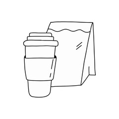 Hand-Drawn Doodle of a Takeout Coffee Cup and Paper Bag on White Background