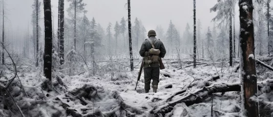 Papier Peint photo Lavable Europe du nord 30 years old soldier in winter forest