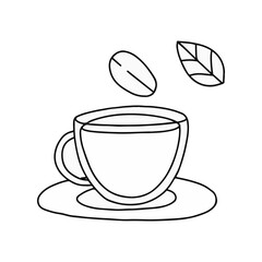 Steaming Cup of Coffee With Floating Beans and Leaf in Simple Doodle Art
