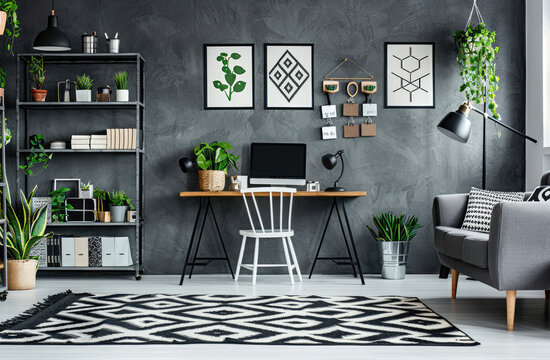 Modern home interior with a black and white patterned rug on the floor, grey painted walls