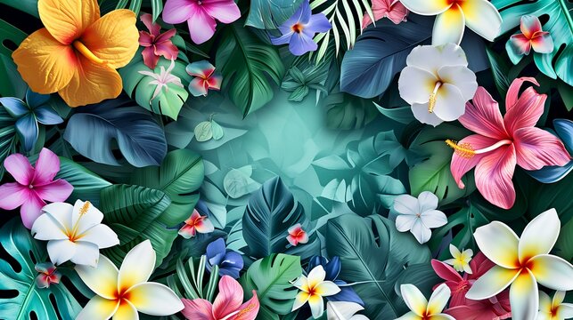 Tropical background with palm leaves and flowers. Vector illustration.