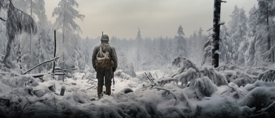 30 years old soldier in winter forest