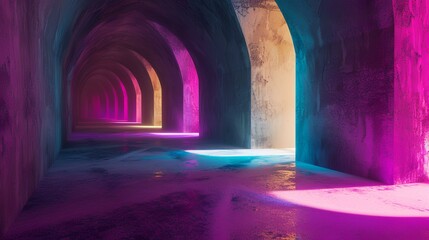 3d illustration of a corridor with neon lights in a dark room - obrazy, fototapety, plakaty