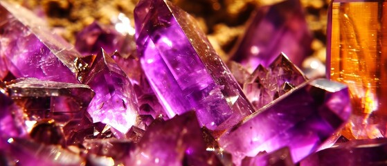 Macro shot of radiant purple amethyst crystal points with a golden reflection, showcasing natural mineral beauty