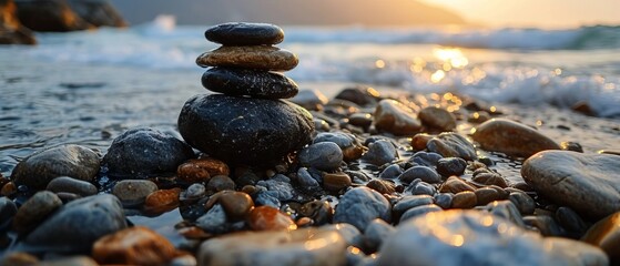 A serene composition of smoothly balanced stones at the edge of a tranquil seashore, embodying balance and calm