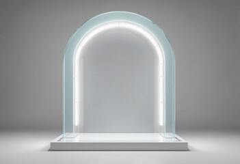 Arched glass podium for product presentation on a white background