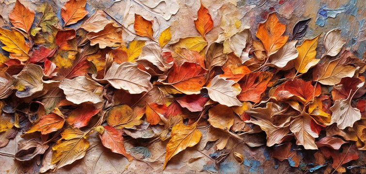 Closeup of abstract rough colorful multicolored organic autumnal fallen leaves art painting texture, with oil acrylic brushstroke, pallet knife paint on canvas wallpaper