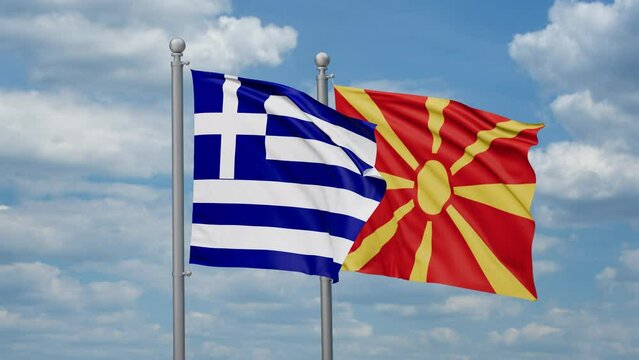Greece and North Macedonia two flags waving together, looped video