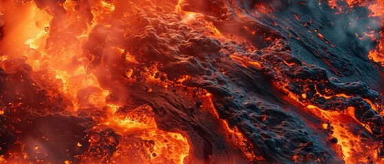 Close-up of bright, molten lava flowing between hardened volcanic rocks, exhibiting nature's raw power - obrazy, fototapety, plakaty