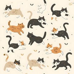 Obraz premium Playful Cats Engage in Various Activities: A Vibrant Pattern