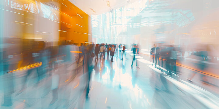 This photo captures a blurry scene of people walking through a bustling building, showcasing movement and activity within the urban environment. 