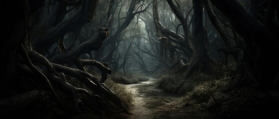 A haunting forest, thick with gnarled trees and tangled undergrowth