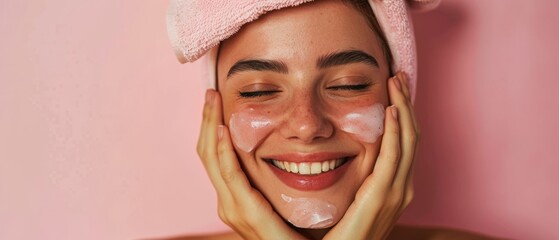Joyful skincare moment. Smiling woman with a facial mask enjoys a pampering session