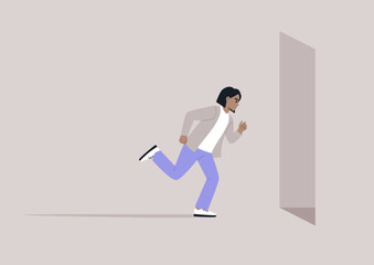 Sprint to Success, a character rushes through a stylized doorway, embodying ambition and drive