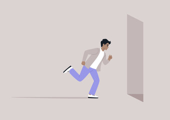 Fototapeta na wymiar Sprint to Success, a character rushes through a stylized doorway, embodying ambition and drive