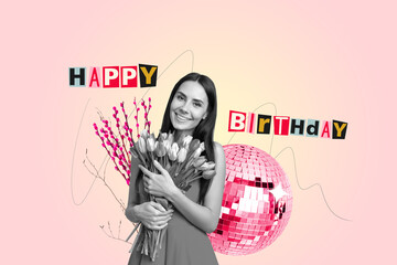 Creative collage banner young girl receive flowers birthday party celebration discoball happy...