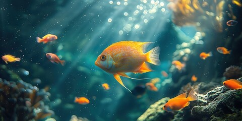 a saltwater fish swimming in beautiful marine fish tank decorated with  sea anemone and rock, bubble with bokeh light, gorgeous aquarium scene, Generative Ai
