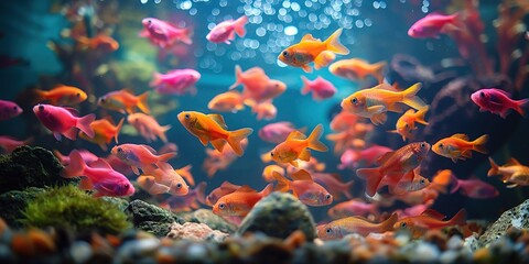 Fototapeta na wymiar a goldfish swimming in beautiful fish tank decorated with aquatic plants and rock, bubble with bokeh light, gorgeous aquarium scene, Generative Ai