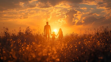 happy father mother and son holding hand walking on wild grass field at sunset time, family time, Generative Ai - obrazy, fototapety, plakaty