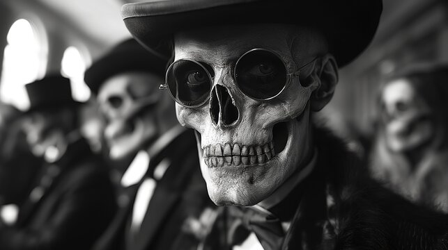 Halloween theme dark fantasy, gentleman skeleton wearing tuxedo and top hat, Generative Ai	
