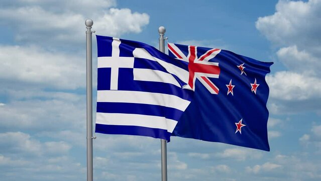 New Zealand and Greece two flags waving together, looped video, two country cooperation concept