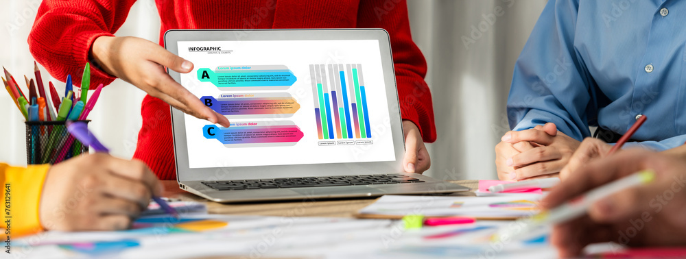 Poster startup company employee working together using laptop analyzing bi dashboard paper on financial dat